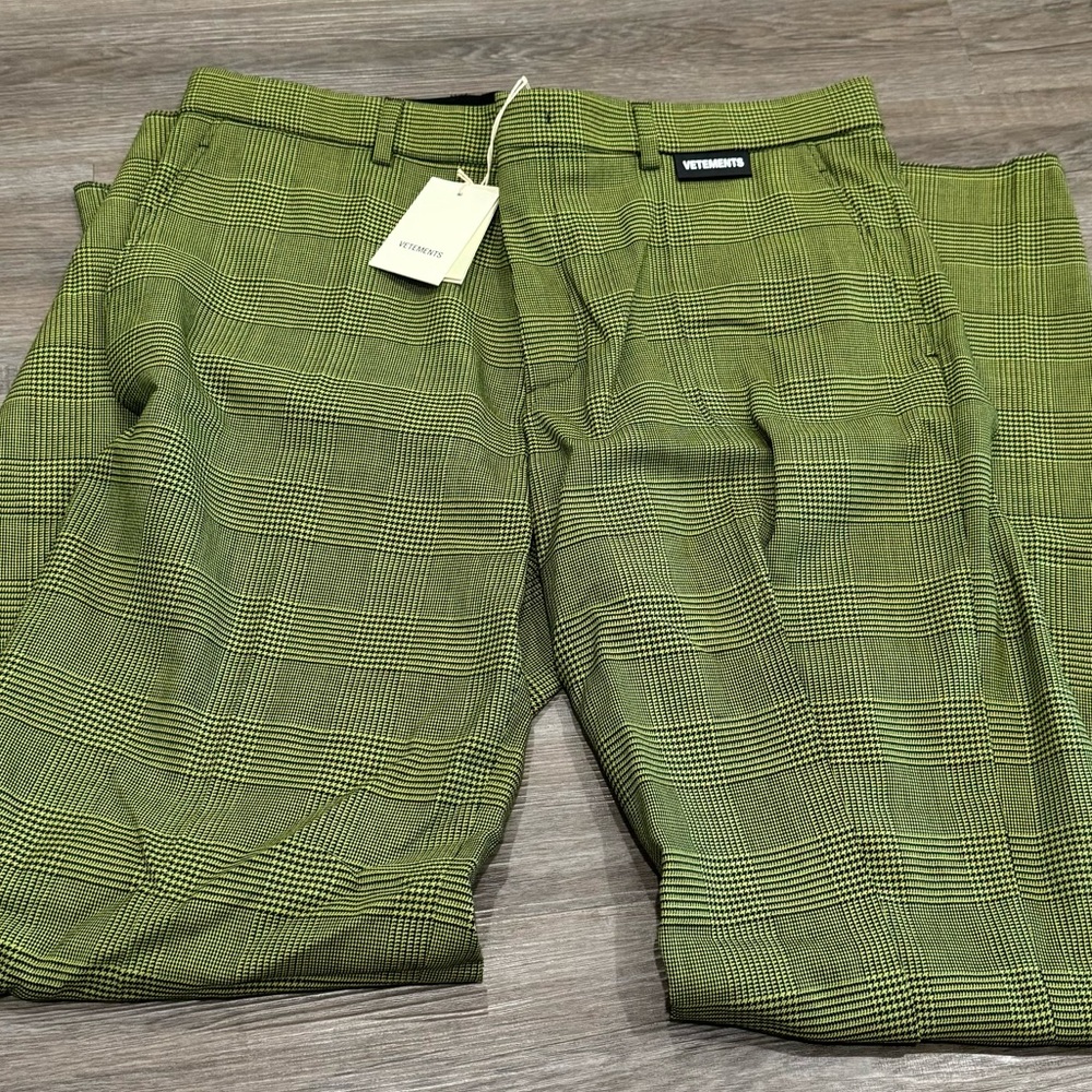 Vetements Wide Leg Tailored Pants Neon Yellow Check